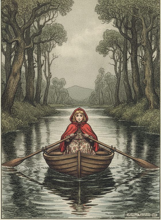 Little Red Riding Hood — rowing a boat, same character