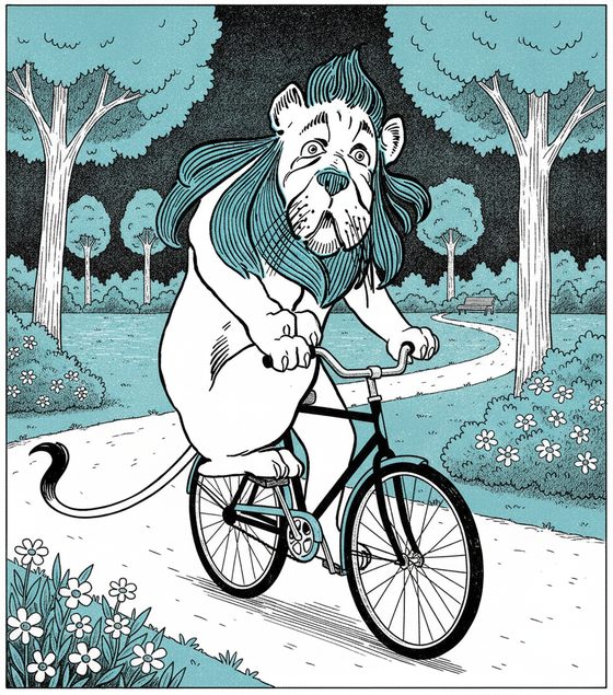 The Cowardly Lion — riding a bicycle, same character