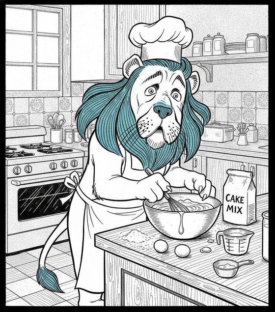 The Cowardly Lion — baking a cake, same character