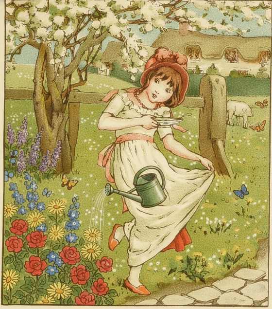 Little Miss Muffet — watering flowers, same character