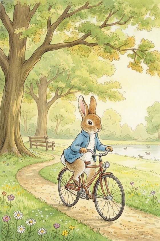 Peter Rabbit — riding a bicycle, same character