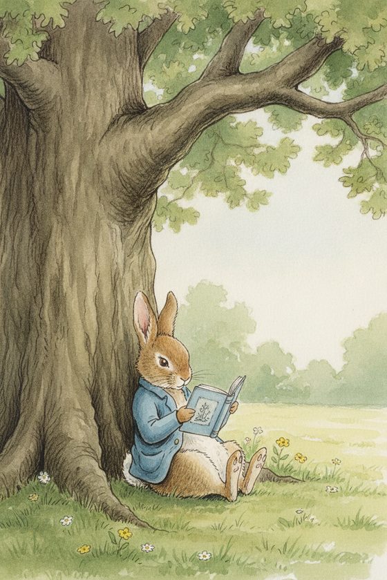 Peter Rabbit — reading under a tree, same character